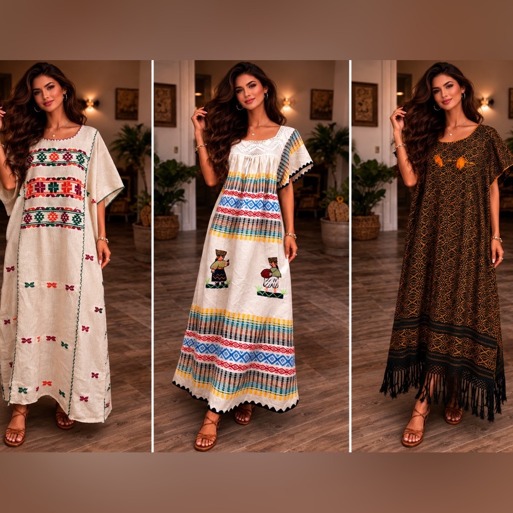 BUNDLE Vintage 70s Mexican Boho Kaftan Maxi Embroidered Festival Fringe Dress